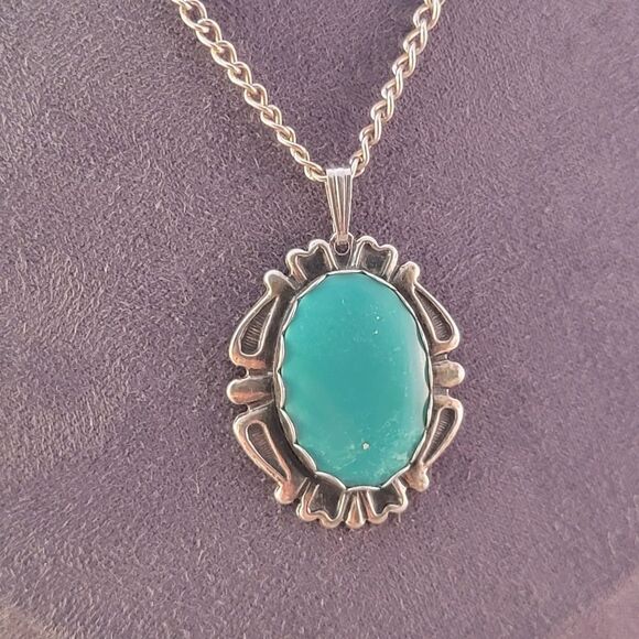 Vintage Sterling Green Blue Chalcedony Art Deco Bezel Pendant - Picture 5 of 8